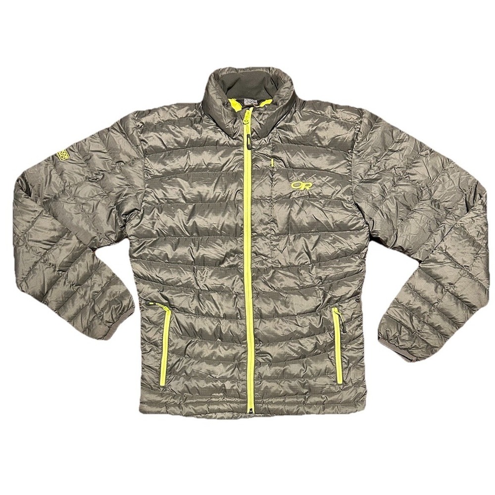 Outdoor Research Transcendent Down Jacket Mens Small Gray Neon Goose Puffer‎
